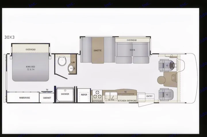 RV rental floor plan: King bed (72x74), full bath, kitchen (microwave, fridge), dinette, and sofa. Ideal for travel comfort.. Forest River Georgetown 2018
