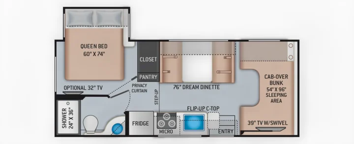 RV rental floor plan for a spacious motorhome, showing a queen bed, cab-over bunk, dinette, kitchen, and full bath layout.. Thor Freedom Elite 2019