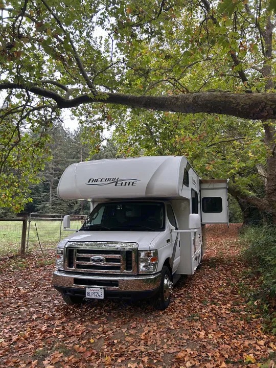 A white Freedom Elite RV rental sits on a rustic, leaf-covered path beneath large trees in an autumn setting.. Thor Freedom Elite 2019