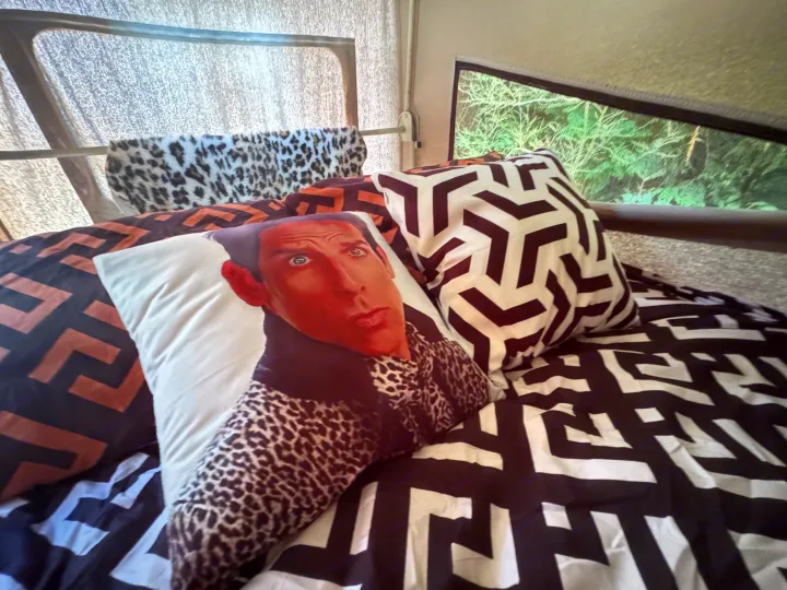Cozy RV rental bed with bold geometric and leopard print bedding, featuring a fun Derek Zoolander pillow. Green view.. Volkswagen T3 Westfalia 1987