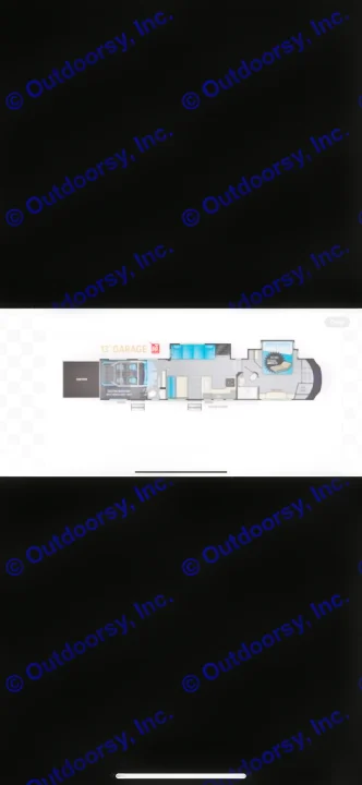 RV rental: Detailed floor plan of a toy hauler featuring a 13-foot garage, living space, kitchen, bath, and bedroom.. Heartland Cyclone 2022