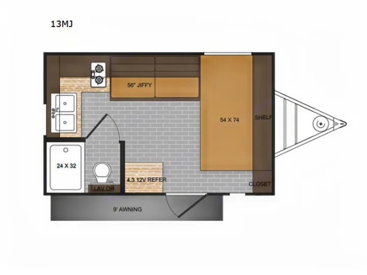 Compact 13MJ RV rental floor plan, a travel trailer layout with a 54x74 bed, kitchen, 24x32 bath, and 56" dinette.. Sunset Park RV Sun Lite LTD 13MJ 2025