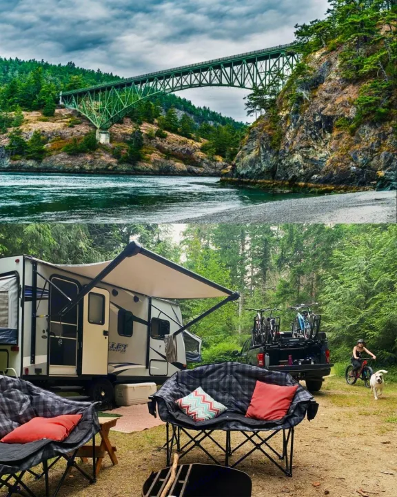 Explore Deception Pass with an RV rental! Scenic bridge, nature, and adventure camping with bikes & dog.. Keystone RV Bullet Crossfire 2019