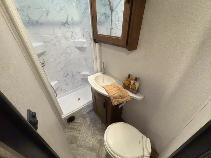 This RV rental's compact bathroom features a marble-style shower, small sink vanity, and toilet, optimizing interior space.. Forester LE 2022