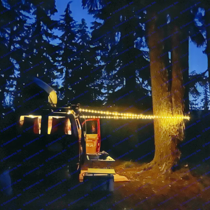 Cozy night setup with an RV rental. String lights illuminate the van's interior and a tree in the dark forest campsite.. Chevrolet Astro Van 1997