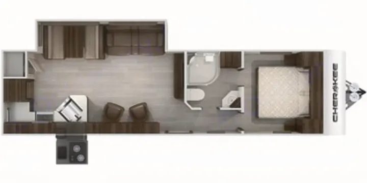 Explore this RV rental's detailed floor plan: spacious living area, full kitchen, bath, master bedroom, and outdoor cooktop.. Forest River Cherokee 2020