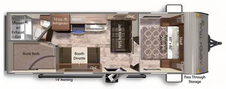 Aspen Trail RV rental: floor plan of a travel trailer with queen bed, bunk beds, dinette, kitchen, and bathroom.. Dutchmen TT 2024