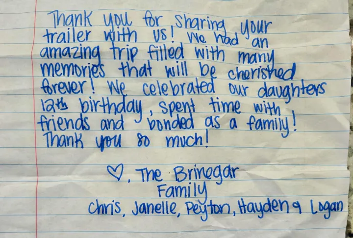 A handwritten thank-you note from The Brinegar Family, expressing gratitude for an RV rental that created lasting family memories and celebrated a 12th birthday.. Forest River Shasta 2021