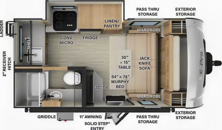 This RV rental floor plan diagram shows the interior layout with kitchen, bath, convertible bed, and storage areas.. Forest River Flagstaff E-Pro 2024