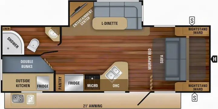 RV rental floor plan. Features include shower, bunks, kitchen, L-dinette, entertainment, Murphy bed, sofa & outside kitchen.. Jayco White Hawk 2019