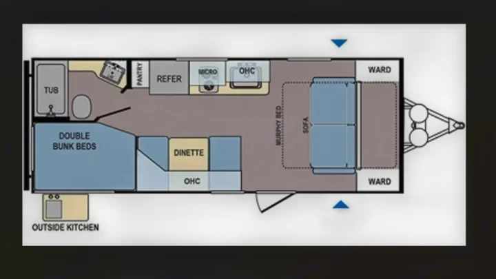 RV rental travel trailer floor plan showcasing double bunk beds, kitchen, dinette, and a convertible sofa/Murphy bed.. Coleman 2125bh 2019