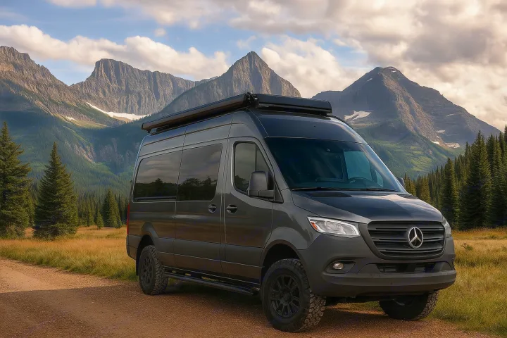 Adventure-ready Mercedes Sprinter RV rental on a scenic mountain dirt road, perfect for exploring.. Winnebago Revel 2025