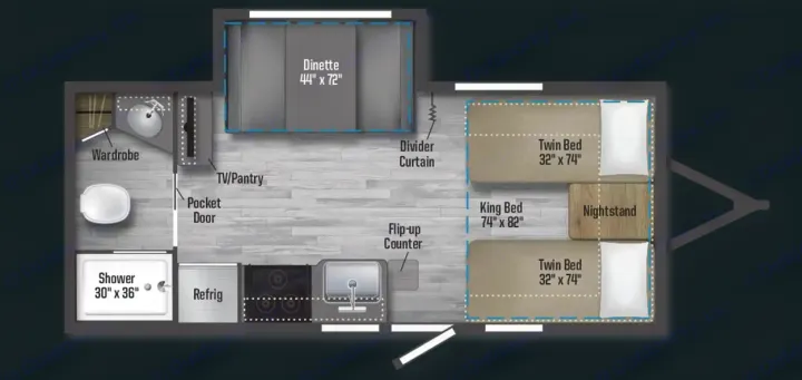 Detailed RV rental floor plan. Features dinette, multiple beds, kitchen, and bathroom areas.. Minnie Micro Minnie 2021