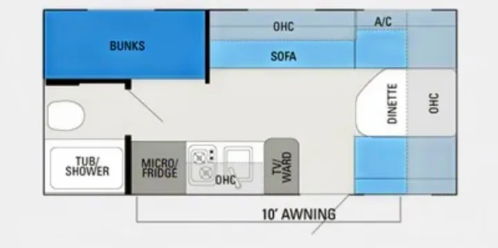 Compact RV rental floor plan with bunks, sofa, dinette, kitchen, and shower layout.. Jayco Jay Flight Swift SLX 2012