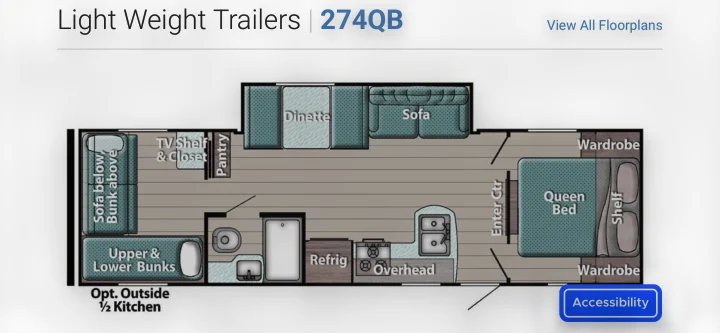 Detailed RV rental 274QB light weight trailer floorplan. Shows a multi-room layout with queen bed, dinette, bunks, kitchen, and bath.. Gulf Stream Conquest 2017