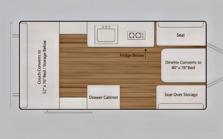 RV rental floor plan: Couch (52"x76" bed) & dinette (40"x76" bed) conversions, kitchen, fridge, and storage areas.. Chalet Chalet Popup Trailer 2006