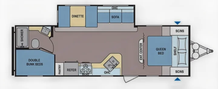 This RV rental floor plan features a queen bed, double bunk beds, dinette, sofa, full kitchen, and bathroom with shower.. Dutchmen Coleman Lantern LT 2020