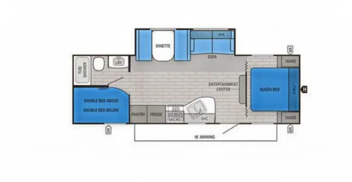 RV rental floor plan: queen bed, double bunks, kitchen, bath, dinette, sofa, & 15' awning.. Jayco Jay Flight SLX 2016