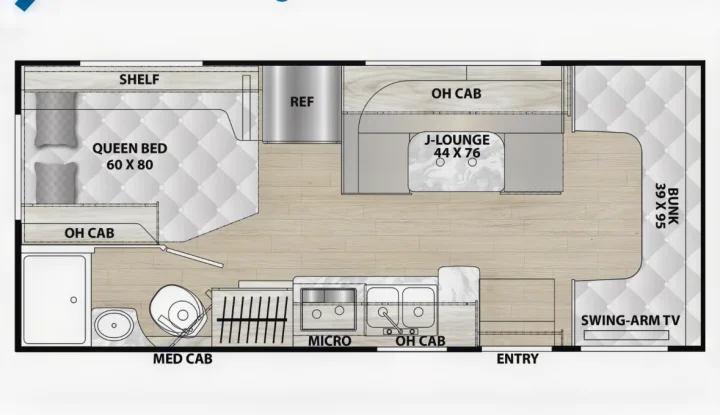 RV rental floor plan: Queen bed, bunk, lounge, kitchen, and bath. Ideal for road trips and camping adventures.. 1FDWE3FNXSDD14715 Cross trail 22xgf 2025