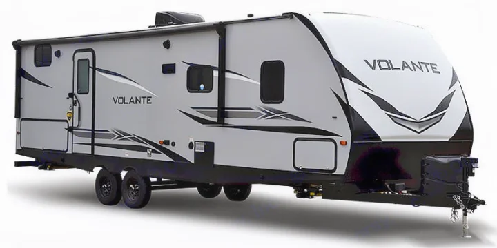 Light gray Volante travel trailer, an RV perfect for rental adventures, featuring an awning and multiple windows.. Crossroads RV Volante 2021