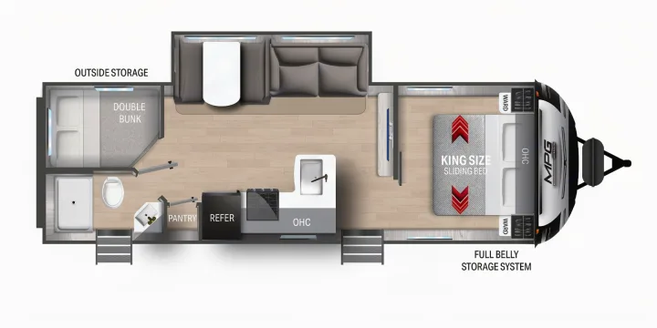 This RV rental floor plan shows a spacious travel trailer with a king bed, double bunk, full kitchen, and bath.. Cruiser RV MPG Ultra Lite 2022