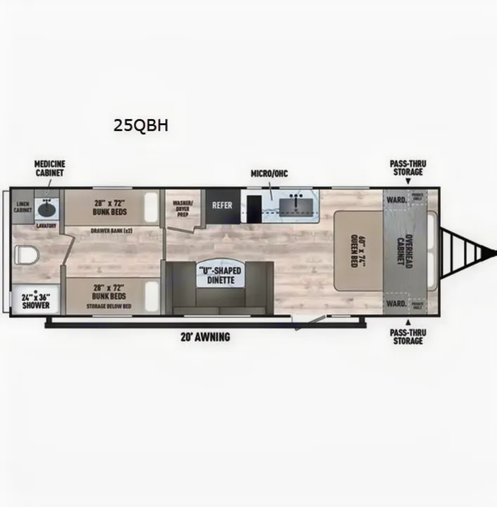 This RV rental floor plan shows the 25QBH travel trailer layout with a queen bed, bunk beds, U-dinette, kitchen, and bath.. Coachmen 25QBH 2025