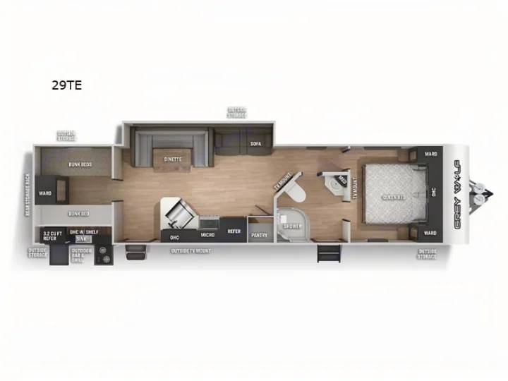 RV rental floor plan: Grey Wolf 29TE travel trailer. Features queen bed, bunks, kitchen, and bath layout.. Forest River Cherokee Grey Wolf 2022