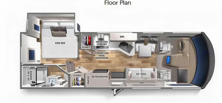 RV rental floor plan: A detailed interior layout of a spacious motorhome with king bed, kitchen, bath, and living area.. Coachmen Euro 2025