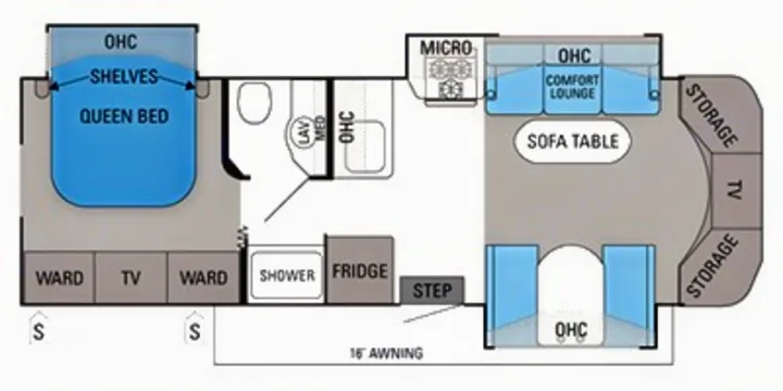 RV rental floor plan: spacious interior layout showing queen bed, kitchen, lounge, & storage for travel.. Jayco Melbourne 2012