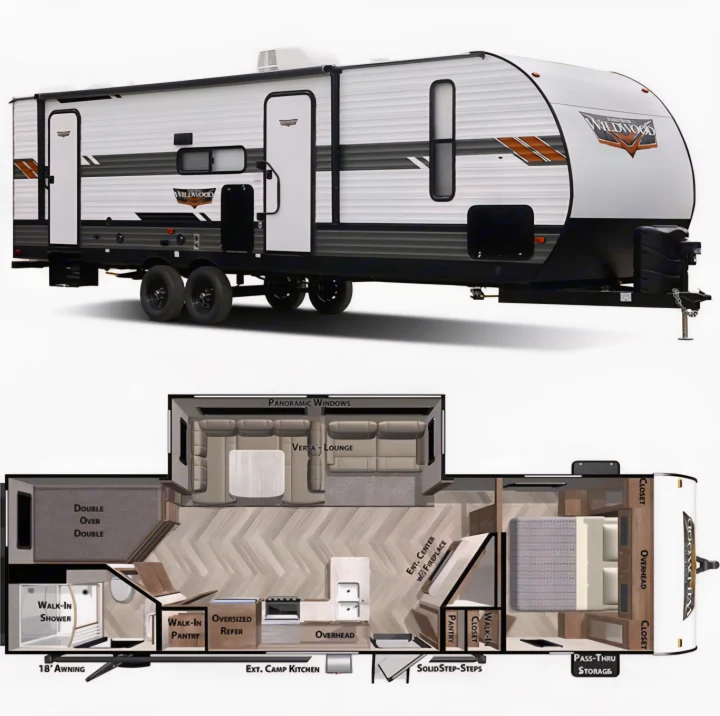 Wildwood rv rental travel trailer: exterior view and detailed interior floor plan, highlighting a walk-in shower, versatile lounge, and kitchen.. Forest River Wildwood 2021