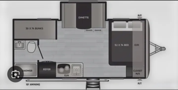 RV rental floor plan: Efficient layout showing bunk beds, dinette, kitchen, bath, and a master bed in a compact travel trailer.. Keystone RV Springdale 2022