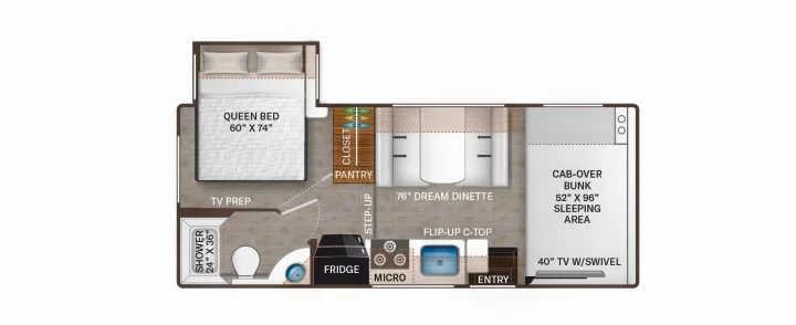 This RV rental floor plan shows a spacious interior: queen bed, bunk, shower, kitchen, and dinette.. Thor Freedom Elite 2020
