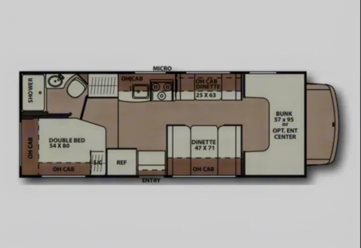 RV rental floor plan: double bed, shower, kitchen, dinettes, bunk. Perfect for planning your next adventure.. Coachmen Leprechaun 23CB 2022