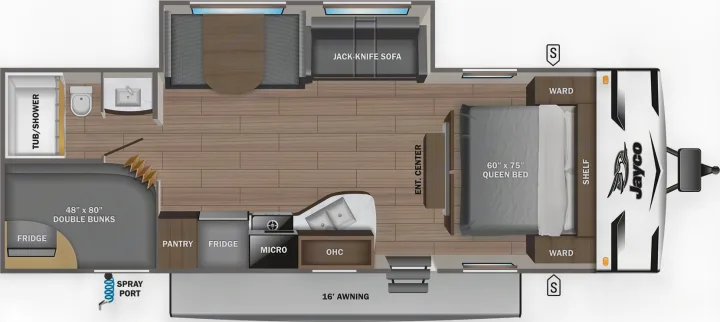 RV rental: Detailed interior floor plan showing a queen bed, double bunks, jack-knife sofa, kitchen, and bathroom layout.. Jayco Jay Flight SLX 2024
