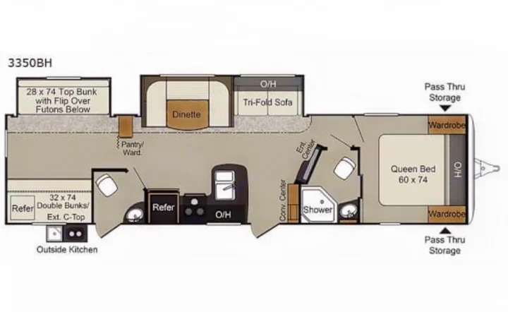 Detailed RV rental floor plan, model 3350BH, showing bedroom, kitchen, living area, and bunk beds.. Keystone RV Passport Grand Touring 2017