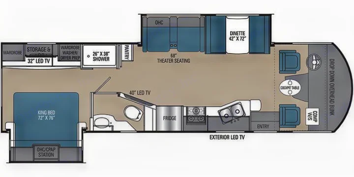 RV rental floor plan: King bed, theater seating, dinette, kitchen, bath, and front cockpit with overhead bunk.. Coachmen Pursuit 2019