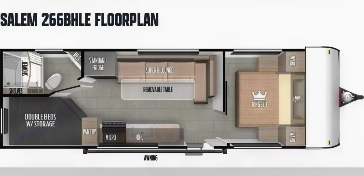 Explore this Salem 266BHLE RV rental floorplan, detailing its king bed, bunks, full kitchen, and spacious lounge.. Forest River Salem FSX 266BHLE 2025