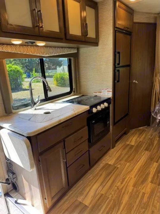 Well-equipped RV rental kitchen: sink, cooktop, microwave, fridge, and ample storage, ready for your next adventure.. Thor Freedom Elite 2020