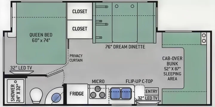 RV rental floor plan: Detailed layout showing queen bed, dinette, cab-over bunk, kitchen, and bath with shower.. Thor Freedom Elite 2020
