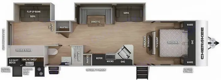 Cherokee RV rental floor plan: Queen bed, bunkhouse, full kitchen & bath. Perfect for family camping adventures.. Forest River Cherokee 2019