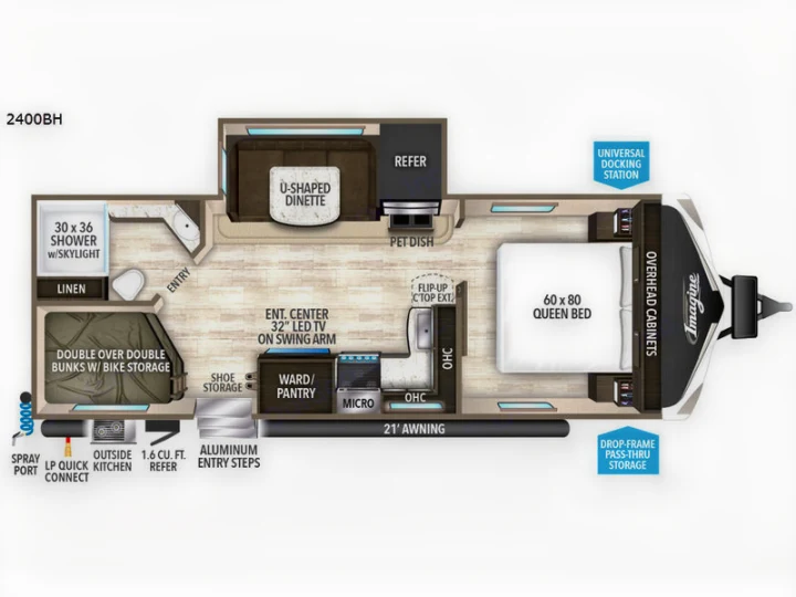 Detailed 2400BH RV rental floor plan shows a queen bed, bunks, U-dinette, kitchen, and bath. Ideal travel trailer layout.. Grand Design Imagine 2021