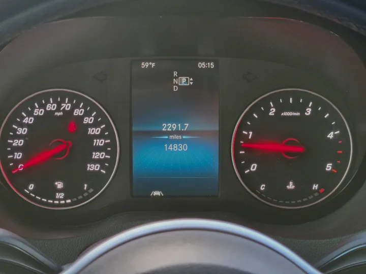 Vehicle dashboard displaying speedometer, tachometer, 14,. Renegade Custom Coaches Vienna 2021