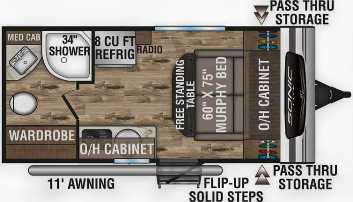 This RV rental floor plan highlights a Murphy bed (60"x75"), 34" shower, kitchen with O/H cabinet, and pass-thru storage.. Sonic Lite 2021