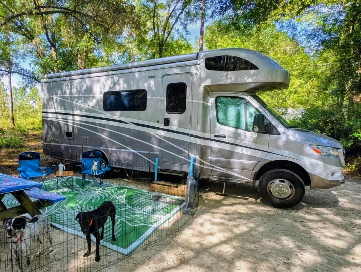 A silver RV is parked at a shaded campsite, featuring an outdoor mat, chairs, and three dogs enjoying the rv rental experience.. Winnebago View 2025
