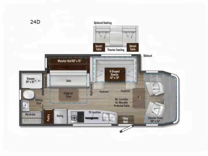 RV rental 24D motorhome floor plan showcasing bed, dinette, shower, and kitchen layout with optional seating.. Winnebago View 2025