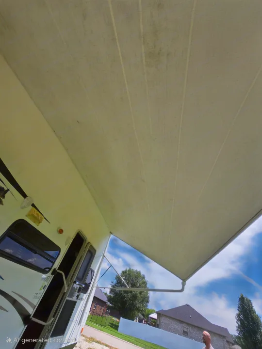 Extended RV awning from below, showing fabric texture. RV side, sky, houses in background. Ideal for an rv rental.. Coachmen Freedom express ltz 2014