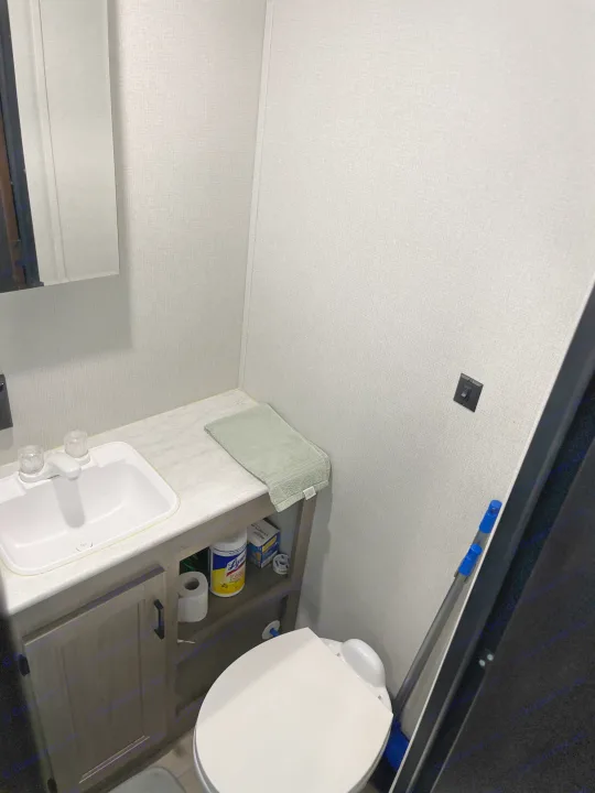 This compact RV rental bathroom includes a white sink, toilet, and a vanity with cleaning supplies, all in a light-colored space.. Keystone RV Hideout LHS 2020