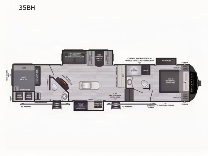 Detailed RV rental floor plan of a Sprinter 35BH travel trailer, showing its full living space, bedroom, and loft areas.. Keystone RV Sprinter 2022