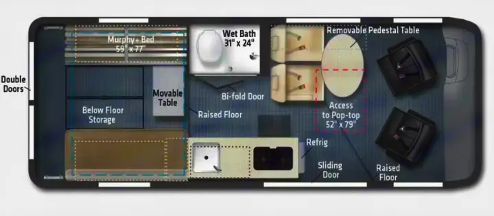 RV rental floor plan detailing interior layout: Murphy bed, wet bath, kitchen, dining, and storage areas.. Winnebago Winnebago 2023