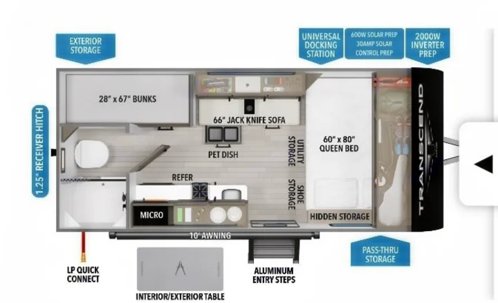 This RV rental floor plan details a layout with a queen bed, bunks, kitchen, and ample storage, perfect for family trips.. Grand Design Transcend One 151BH 2025